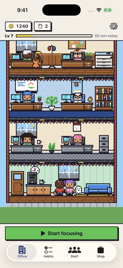 The office: a five-floor pixel building full of coworkers